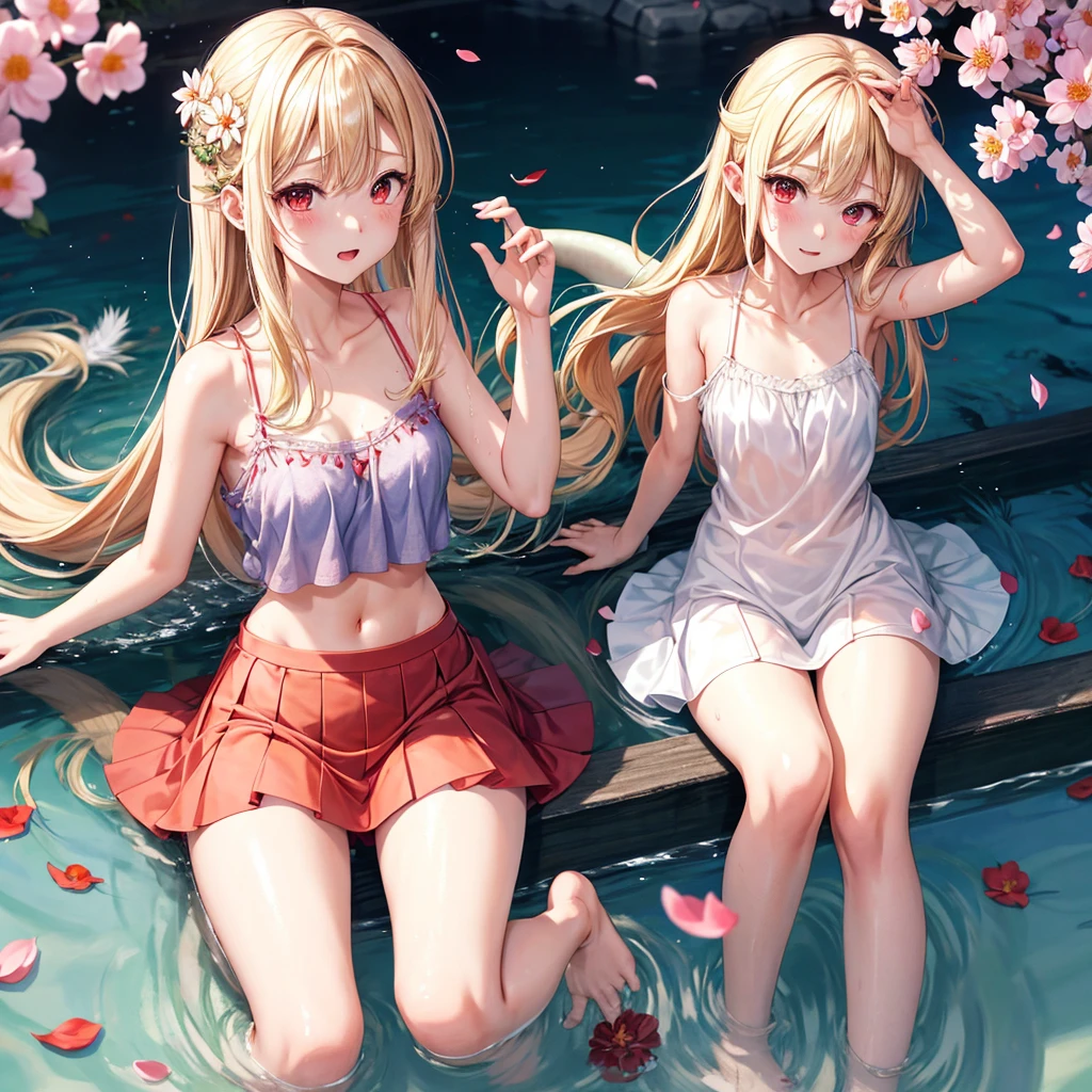 a blond、red eyes、1 pretty girl、animesque、lightly dressed、a miniskirt、flower petals、bare-legged、wetting hair、sullenness、Camisole-wearing、rainbows、Skip water、Riding a dragon