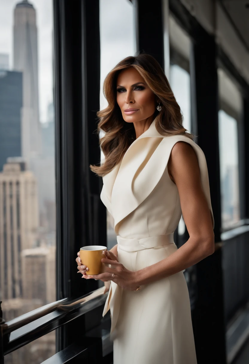 A photo of Melania elegantly sipping on a cup of herbal tea while looking out at the New York skyline from her penthouse balcony.,original,Melania Trump, known for her time as the First Lady of the United States, carries an air of refined elegance, a reflection of her past as a professional model. Her tall, slender figure and fashion-forward style choices often captured attention during public appearances. Her modeling background was evident in her poised and graceful demeanor, often seen in meticulously chosen designer outfits that highlighted her statuesque presence., female