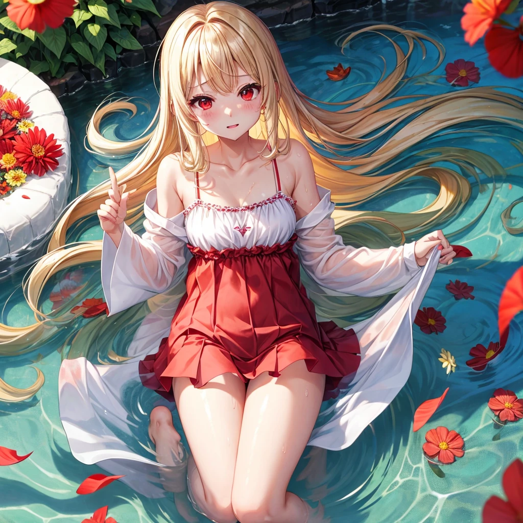 a blond、red eyes、100 pretty girls、animesque、lightly dressed、a miniskirt、flower petals、bare-legged、wetting hair、sullenness、Camisole-wearing、rainbows、Kick the water
