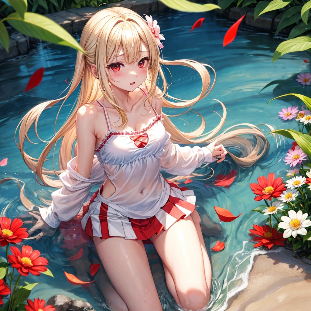 a blond、red eyes、100 pretty girls、animesque、lightly dressed、a miniskirt、flower petals、bare-legged、wetting hair、sullenness、Camisole-wearing、rainbows、Kick the water