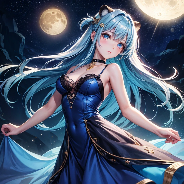 Best Quality,Dynamic lighting,1womanl,Looking at Viewer,Starry sky,Moon,Dutch Angle,a beaver,Crazy eyes, make - up, Glowing eyes,split-colored hair, Hair Ornament, Choker, Blue dress