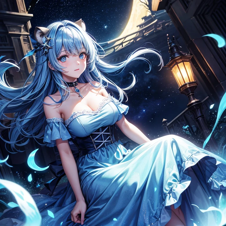Best Quality,Dynamic lighting,1womanl,Looking at Viewer,Starry sky,Moon,Dutch Angle,a beaver,Crazy eyes, make - up, Glowing eyes,split-colored hair, Hair Ornament, Choker, Blue dress