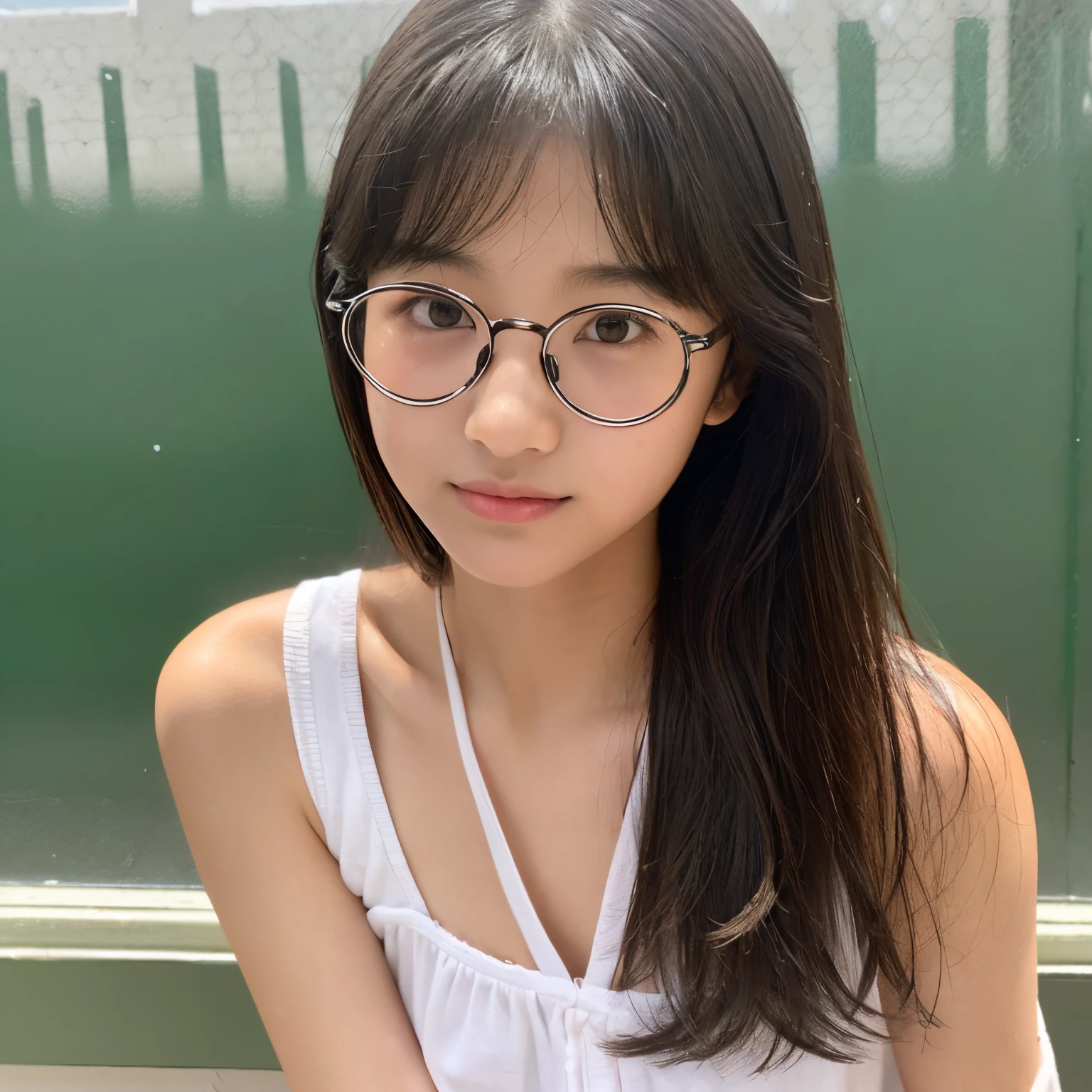 17 age(female high-school student、tennis、A slender、fullnude、Height 160cm、Smaller chest、Wear round glasses、thin arm、Slender body、cute little、teats、shorth hair)、Classroom、rainy day、is standing、with light glowing、Glossy skin、with round face、Sareme、thin lipss、Wet、cute eye、Sheer、Accurate eye depiction