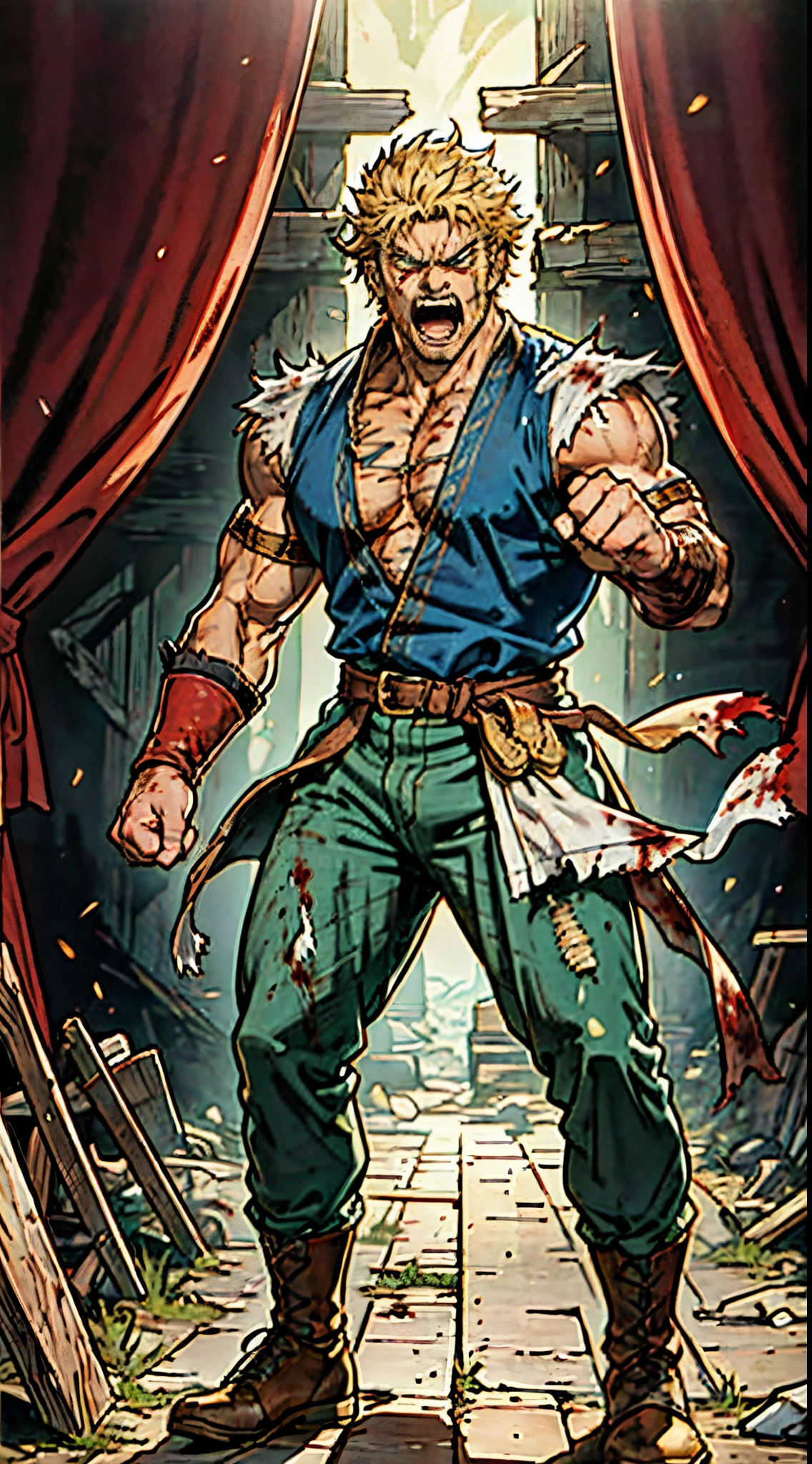 A middle-aged man with golden short hair, an upright hairstyle, thick eyebrows, an angry gaze, an excited expression, open mouth roaring, a robust figure, a sturdy stance, body inclined forward, hands tightly clenched into fists, ready for battle, tattered fantasy-style clothes made of worn-out fabric, coarse fabric trousers, canvas shoes, entire body emits a blood-red fighting spirit energy, powerful energy gathers in his hands, the background depicts a battlefield on a wilderness, this character embodies a finely crafted fantasy-style berserker in anime style, exquisite and mature manga art style, high definition, best quality, highres, ultra-detailed, ultra-fine painting, extremely delicate, professional, anatomically correct, symmetrical face, extremely detailed eyes and face, high quality eyes, creativity, RAW photo, UHD, 8k, Natural light, cinematic lighting, masterpiece-anatomy-perfect, masterpiece:1.5