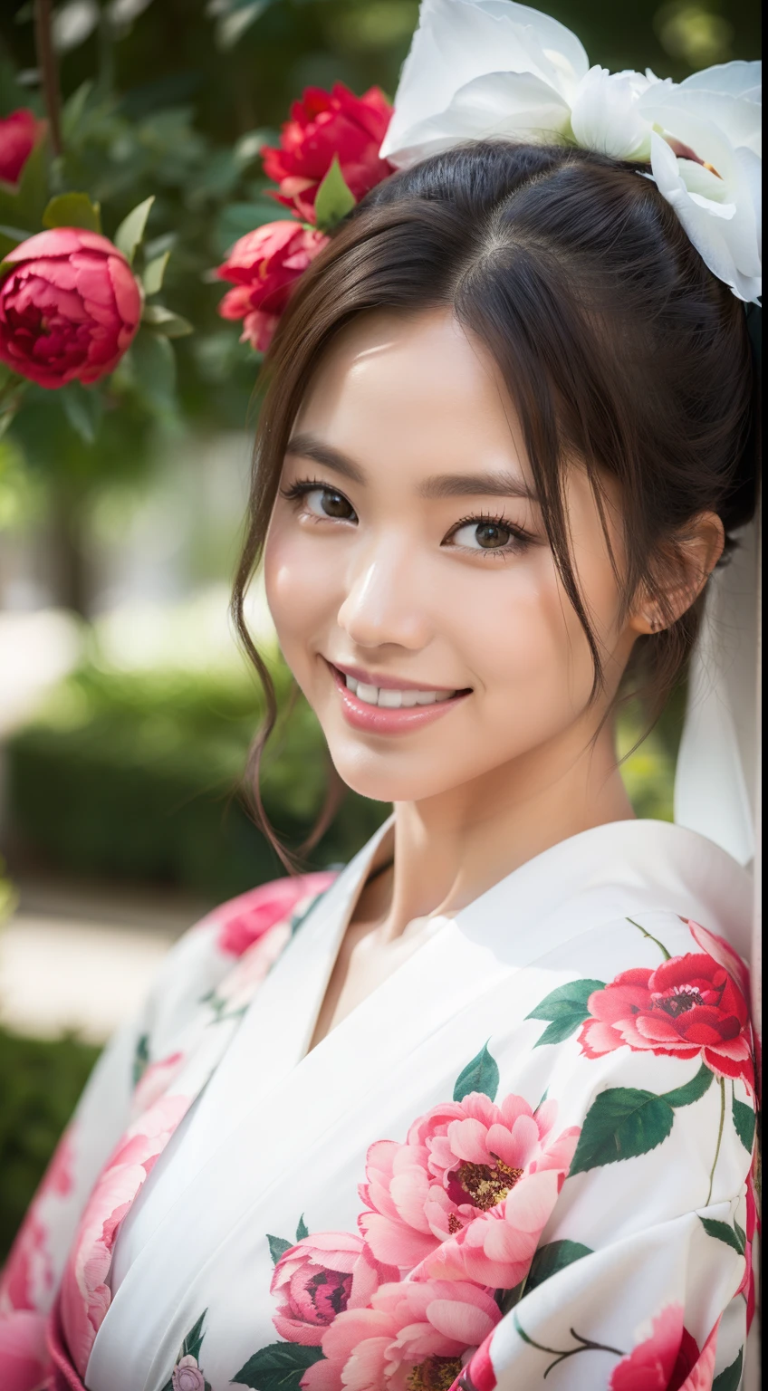 （Kimono made of peony，A lot of roses），Contemporary art，Complex design，top-quality，8K，tmasterpiece：1.3，Clear focus：1.2，Beautiful Women in Perfect Figure：1.4，Highly detailed face and skin textures，Detailed eyes，cparted lips，coiled hair，fully body photo，a smile