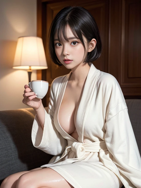 Product quality, 1 girl per 1 photo, Cowboy Shot, Shot from below、Front view, a Japanese young pretty girl, 15yo student、Teen、((Extremely short hair:1.4))、((medium breasts⁩:1.4))、((No bra:1.4))、At night, ((Have dinner in your hotel bedroom:1.4)), ((Wearing a bathrobe:1.4))、((holding coffee cup:1.4))、((Sitting on the couch:1.4)), hyper cute face, Glossy lips, Natural makeup, wet long-haired, asymmetrical bangs, central image, 8K resolution, high detailing, detailed hairstyle, Detailed face, Cinematic lighting, Octane Rendering, Hyper realistic, Perfect limbs, Perfect Anatomy、gazing at viewer、troubled look