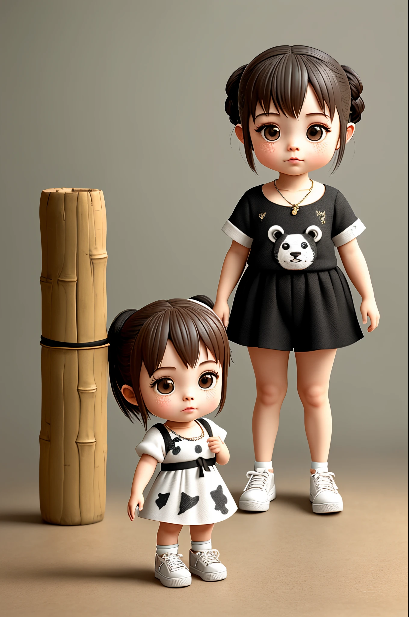 Cute little girl with big watery eyes, full body, delicate shoes, delicate hair, panda, cute black and white clothes, bamboo, small tiger teeth, popmart blind box, clay texture, clean background, natural light, best quality, ultra detail, 3d art, c4d, blender, oc renderer, 3d render, 8k