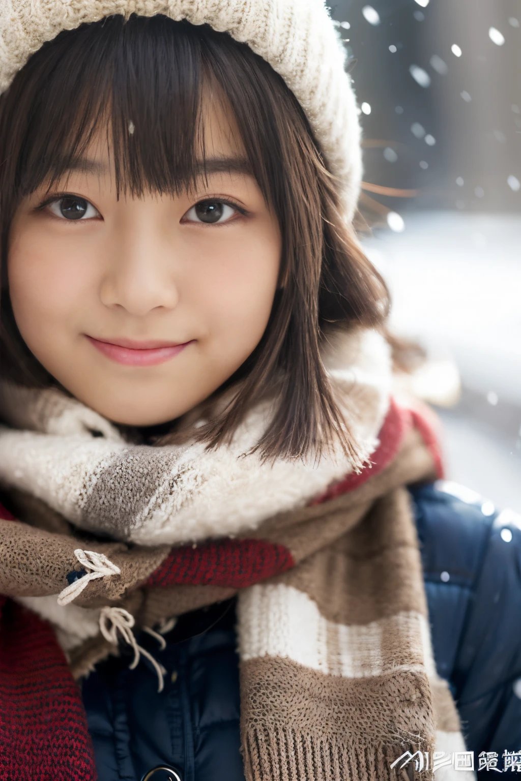 ((Show face only、Close-up of face、no-makeup))、(realisitic、Photorealsitic、ultra-detailliert、Highest Details Skins、top-quality、​masterpiece、超A high resolution)、Cute Japan Woman、17 age、hi-school girl、younggirl、1 girl in、I have bangs、二重まぶた、drooing eyes、Large black eyes、Japanese style face、ssmile、Charming、purity、Straight face、double tooth、View here、Realistic skin type、Thick muffler、Grey muffler、fluffy hair、((Hair is inside the scarf:1.3))、Red cheeks、The wind is blowing、It's snowing、Harbor at night、illuminations、Lighting from behind、Knit hat of the same color as the muffler