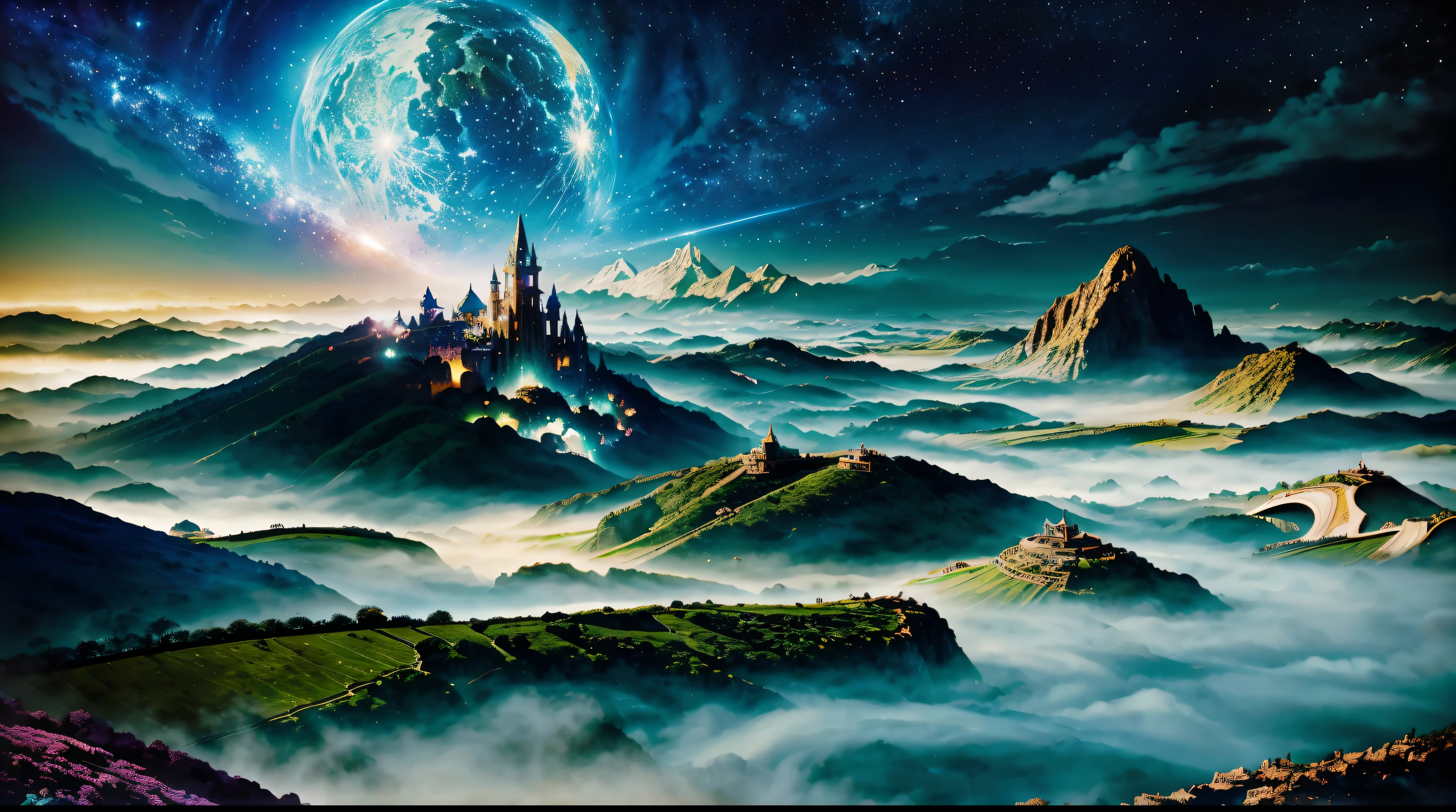 fansty world, hoso malawi, Full of fantasy and fiction, a color, lower town of brillo, Medium brightness (artistry), the landscape represents a mixture of medieval and futuristic civilizations, The beautiful