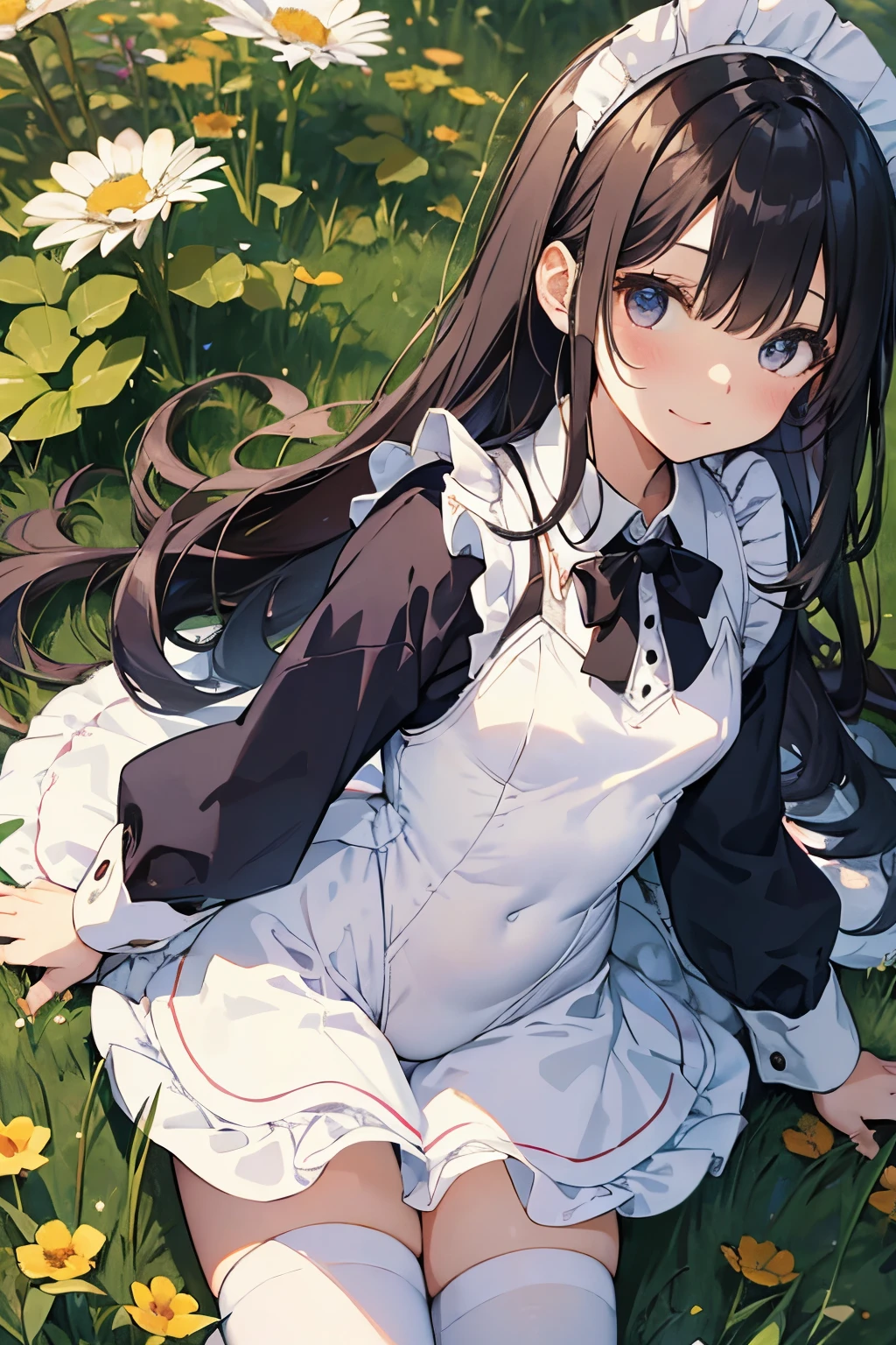 Beautiful illustration、top-quality、cute petit girl、(transform sequence)、((white maid style leotard))、10yaers old、elementary student、Slender beautiful girl、Fractal Art、baby-face、((stright long hair))、beatiful detailed eyes、A smile、Full Body Display、Western-style garden、(1 persons)、long-sleeve、landscaped gardens、(knee high socks)、is standing、(highleg)、