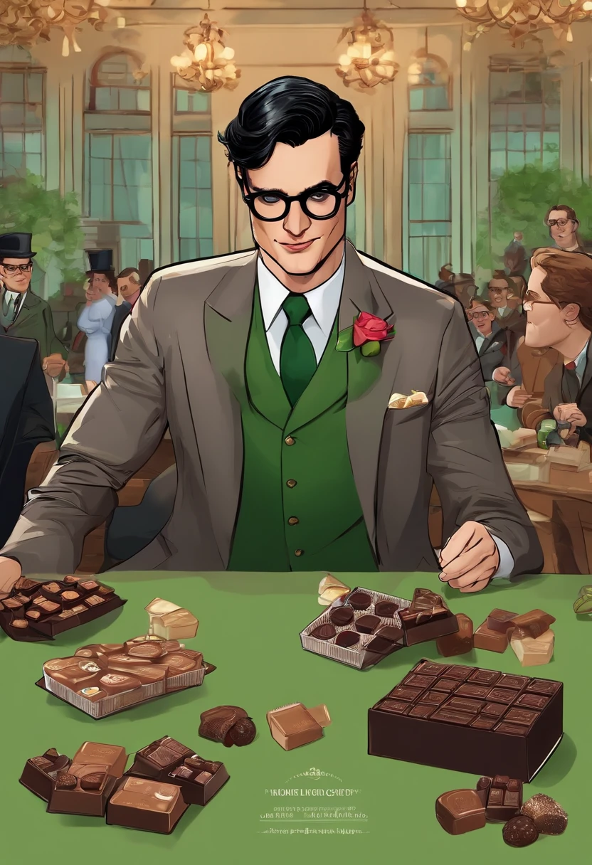 A meticulously arranged box of assorted chocolates, each with a different flavor and filling,Batman,Ed is tall with neat black hair, glasses, wears a green suit, wears a bowler hat, famously portrayed by Cory Michael Smith, male