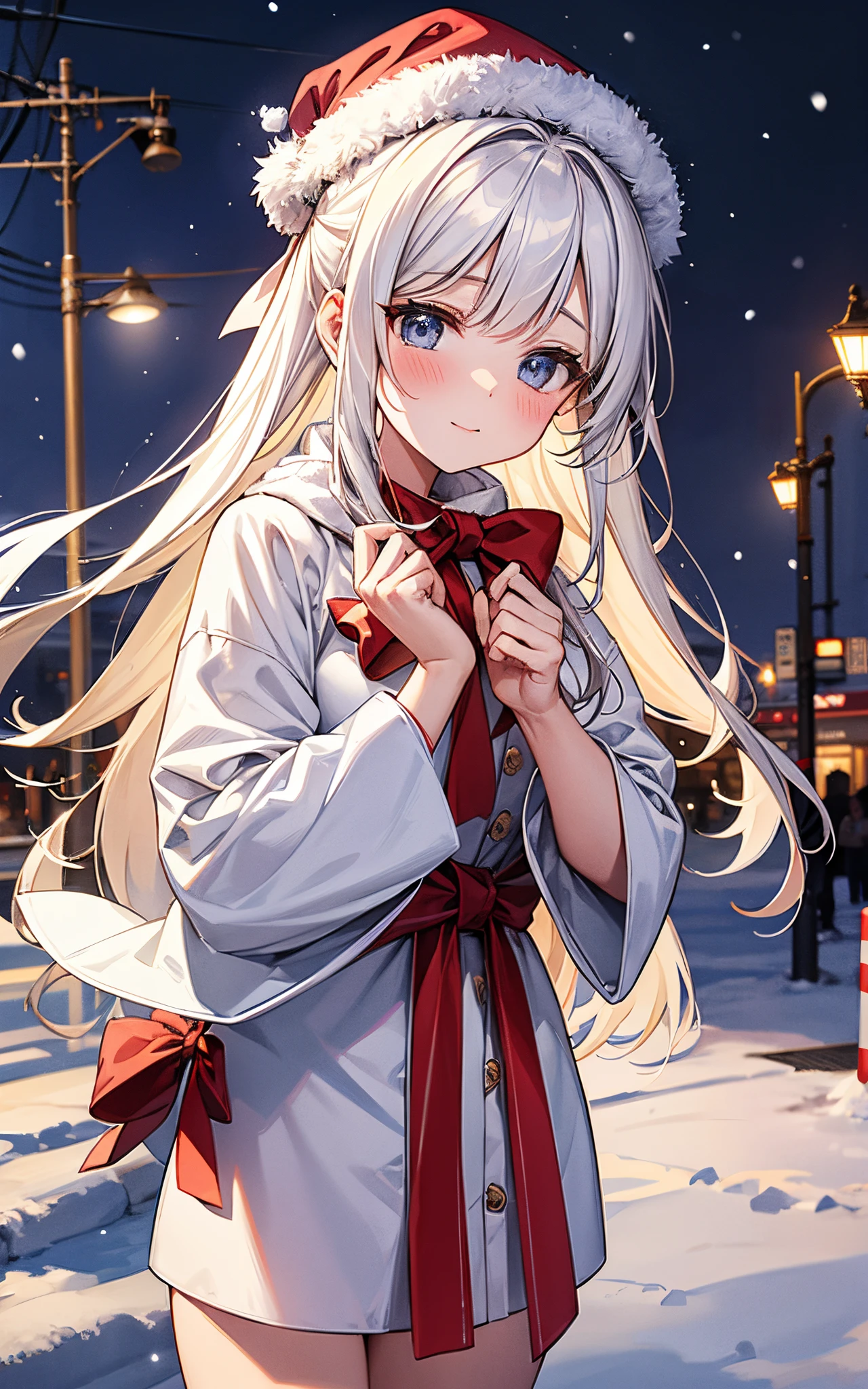 she is my lover。She's flying in the sky。she is wearing a white santa costume。Snow-covered night street corner、Christmas blessings rained down in the form of light.。