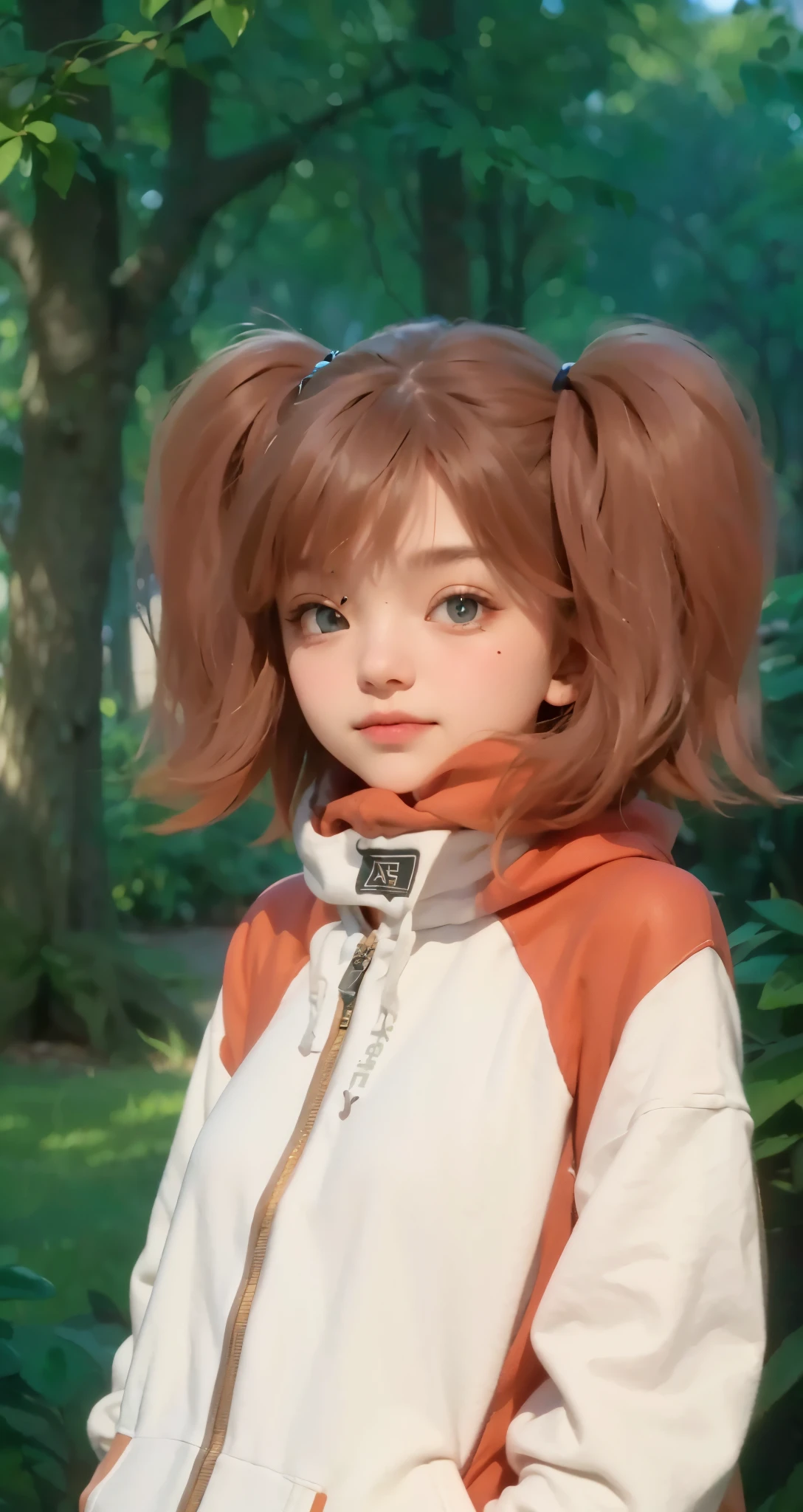 Real life adaption of this character ,teen beauty face , realistic same hair , (realistic same Hoodie outfit),,realistic background , realistic light, realistic shadow, realism, hyper realistic,(photorealistic:1.2), normal small eyes,There is a realistic same accessory In her neck ,
