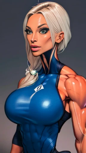 Drawing of katopunk female fitness model, toned body, feminine, huge upper body, torso shot, wide shoulders, veins, beautiful face, full lips, slim face, high cheekbones,(best quality, highres, ultra-detailed, realistic), muscular arms, defined abs, confident expression, silver gray light bodysuit, intense gaze, vibrant colors, dynamic lighting, mixed media artwork, blank background