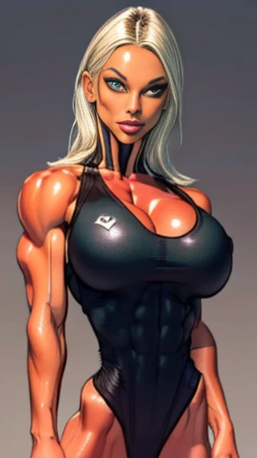 Drawing of katopunk female fitness model, toned body, feminine, huge upper body, torso shot, wide shoulders, veins, beautiful face, full lips, slim face, high cheekbones,(best quality, highres, ultra-detailed, realistic), muscular arms, defined abs, confident expression, silver gray light bodysuit, intense gaze, vibrant colors, dynamic lighting, mixed media artwork, blank background