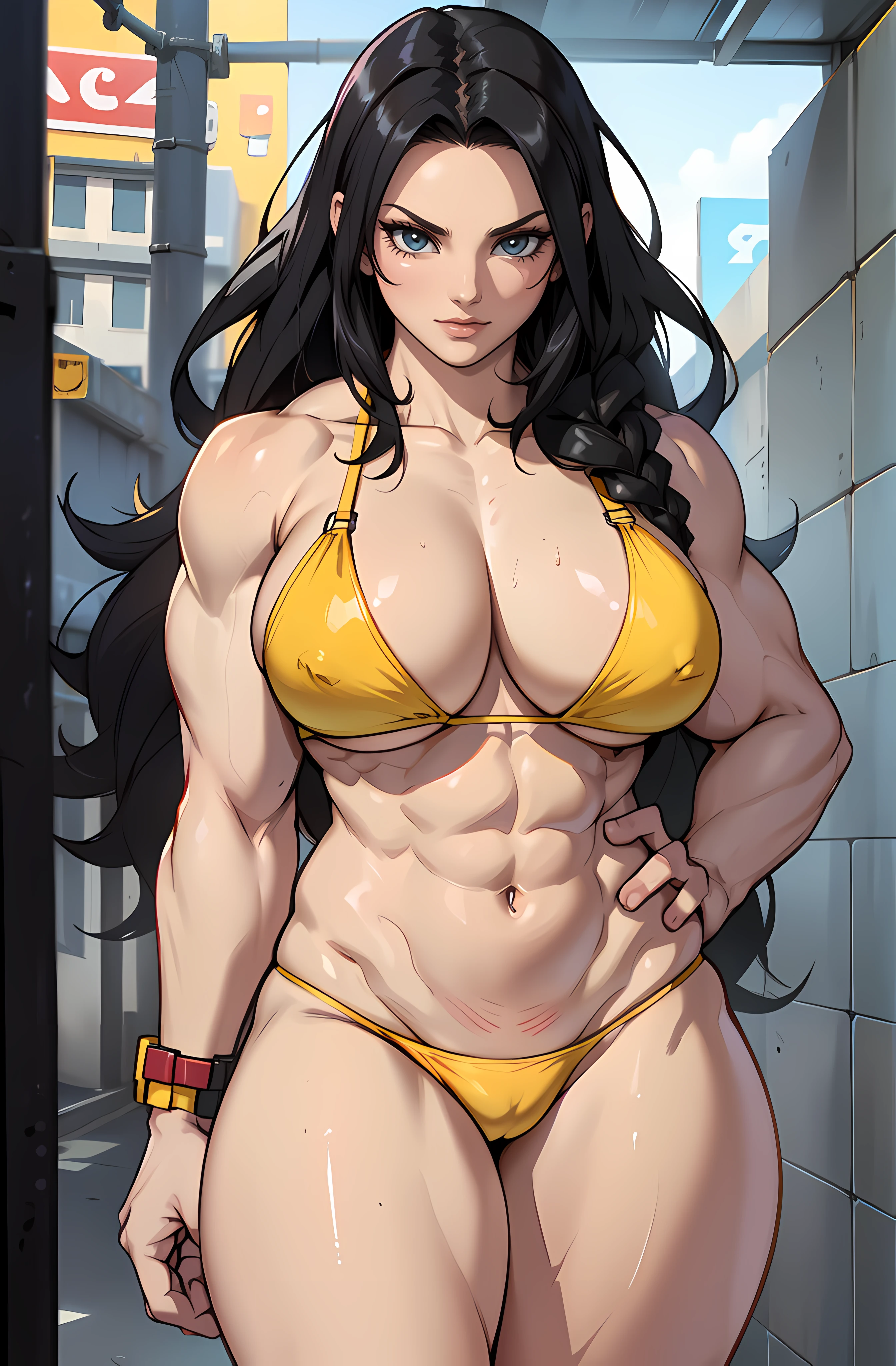 (girl ???????????? bodybuilder muscular toned body pale skin black hair very long hair yellow eyes solo) angry blushing embarrassed thick thighs string ??????
