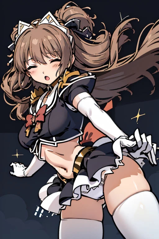 (HD, Sharp), 1 girl, Super Glossy Skin, (fluttering skirt, skirt lift, white underwear:1.2), Big breast, closed eyes, :o, pov, reaching hands towards viewer, outstretched arms, sweetlip, black outfit, navel, white thighhighs, gloves, glowing particles, sparkles