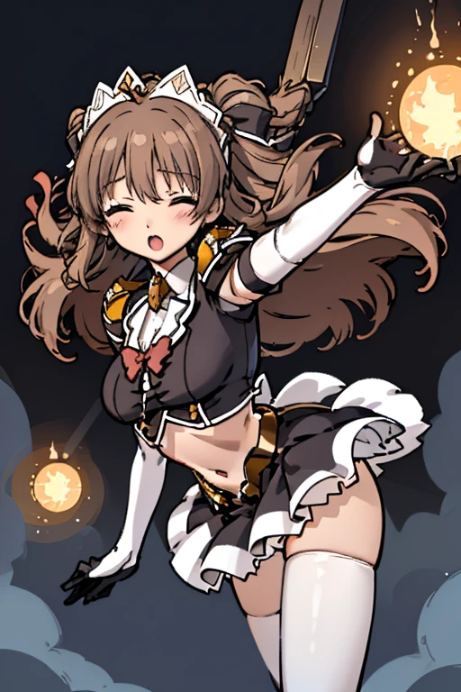 (HD, Sharp), 1 girl, Super Glossy Skin, (fluttering skirt, skirt lift, white underwear:1.2), Big breast, closed eyes, :o, pov, reaching hands towards viewer, outstretched arms, sweetlip, black outfit, navel, white thighhighs, gloves, glowing particles, sparkles