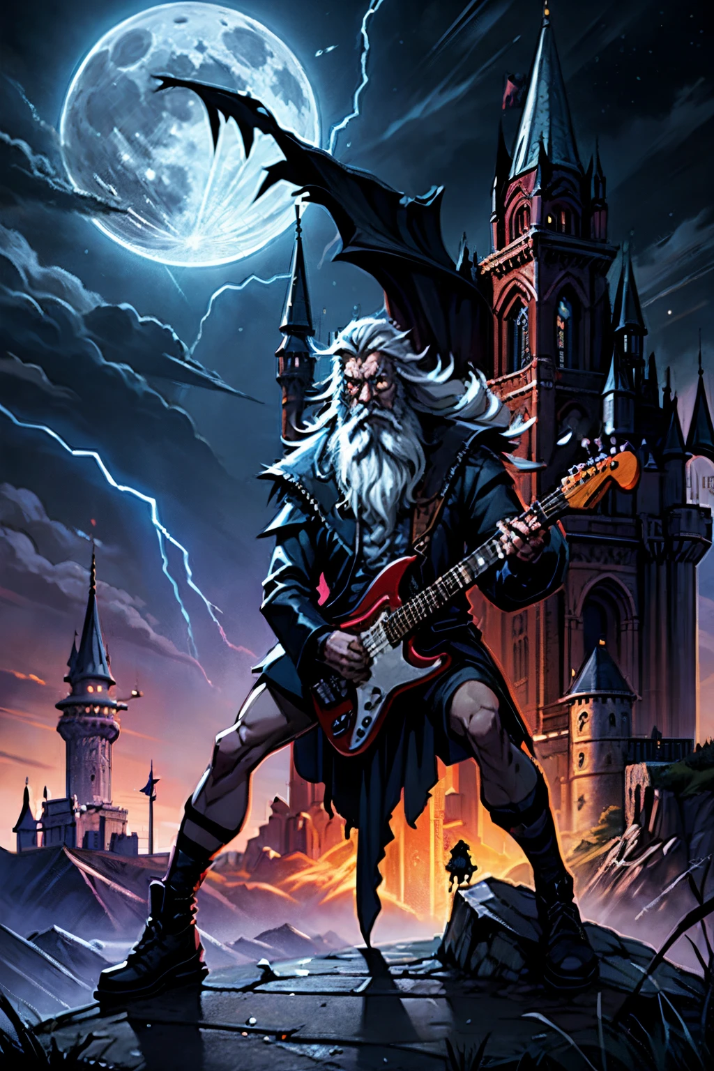 badass wizard shredding on an electric guitar in front of a castle with a full moon in the background, old man, long beard, lightning, glowing runes, high quality, masterpiece