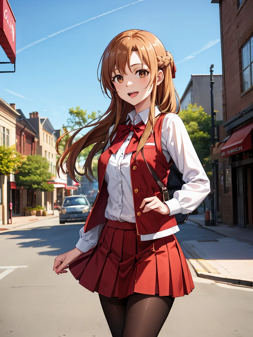 masutepiece, Best Quality, hight resolution, Arsuna, Long hair, Brown hair, braid, Brown eyes,White shirt,red skirt, black pantyhose,cowboy shot,Pleated skirt,red vest,close mouth,light smile, Town,city,fantasy,walking