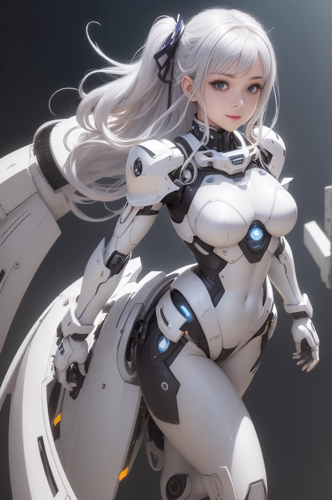 ((best quality)), ((masterpiece)), (detailed), perfect face, female, gamer girl, aqua eyes, humanoid robot, sex doll, large breasts, cherry-red lips, silver hair, long hair, robot legs, outside at night, robot legs