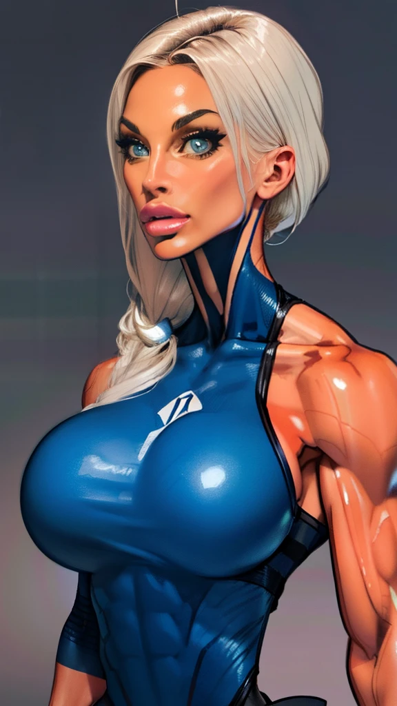 Drawing of katopunk female fitness model, toned body, feminine, huge upper body, torso shot, wide shoulders, veins, beautiful face, full lips, slim face, high cheekbones,(best quality, highres, ultra-detailed, realistic), muscular arms, defined abs, confident expression, silver gray light bodysuit, intense gaze, vibrant colors, dynamic lighting, mixed media artwork, blank background