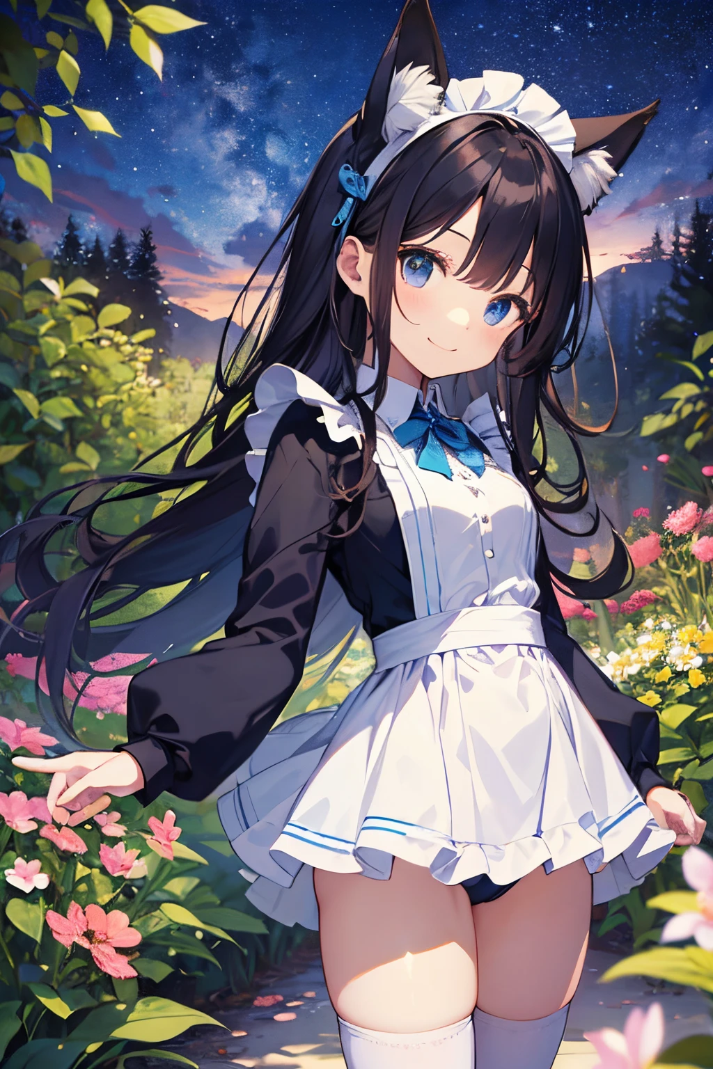 Beautiful illustration、top-quality、cute petit girl、(transform sequence)、((blue maid style leotard))、10yaers old、elementary student、Slender beautiful girl、Fractal Art、baby-face、((stright long hair))、beatiful detailed eyes、A smile、Full Body Display、Western-style garden、（1 persons）、long-sleeve、landscaped gardens、（knee high socks）、is standing、（highleg）、Fox ears、