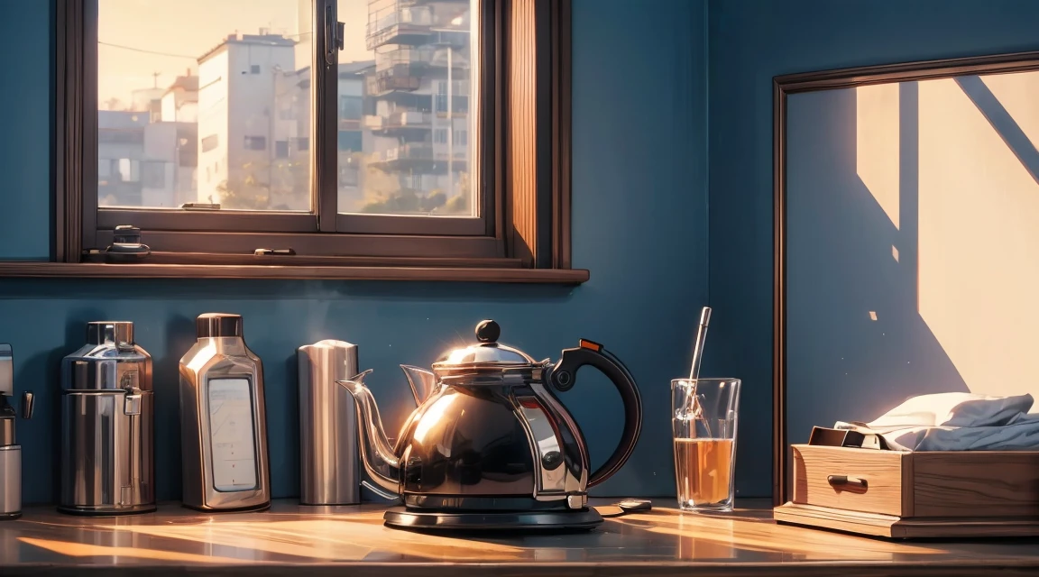 Early morning, bedroom, desk, black electric kettle, medium shot,best quality, super detail, 8k