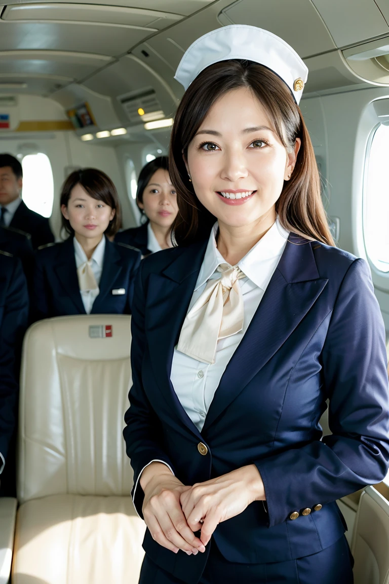 (in 8K、Raw photography、Highest Quality、realisitic、Photorealsitic、Professional Lighting、masterpiece、A very delicate and beautiful mature woman flight attendant、45 yers old、A smile、Highly detailed、finely detail、ultra-detailliert、hight resolution、full-shot)、There were several men huddled on the plane、1girl in、One woman in flight attendant uniform、Beautiful face:1.5、standard proportions、Colossal tits:2、I'm looking at you、On the plane、(Wearing a flight attendant uniform:1.5)、
