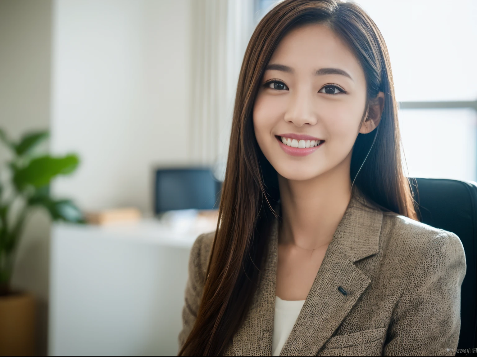 (((masterpiece, ultra quality, hight resolution, extremely detailed, beautiful and aesthetic, neatly drawn, perfect face, 8k, photorealistic, RAW photo))), cute japanese women in the office, operator, suit style, smile, depth of field, bokeh.