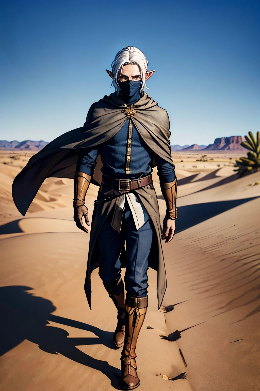 (best quality,4k,8k,highres,masterpiece:1.2),ultra-detailed,(realistic,photorealistic,photo-realistic:1.37),full portrait of a male elf hunter with white hair and deep blue eyes. The elf has a pale skin tone, giving him an ethereal appearance. He is walking in a vast, arid desert, with dunes of golden sand stretching into the distance. The elf is adorned in a sturdy brown leather armor, providing both protection and freedom of movement. A dark grey cloak gracefully flows behind him, billowing in the wind as he strides forward. The hood of the cloak partially covers his face, adding an air of mystery to his presence.

The elf hunter's eyes are striking, their deep blue color shining with determination and wisdom. His facial features are finely crafted, capturing every detail of his expressive eyes, defined cheekbones, and sharp jawline. The contrast of his white hair against the desert backdrop creates a visually stunning effect. The hair seems to glow softly, reminiscent of moonlight shimmering on a calm lake.

As he walks through the desert, the elf hunter scans his surroundings with a sense of purpose. The golden sunlight casts long shadows across the sand, adding depth to the composition. The desert itself boasts an otherworldly beauty, with the shifting sand dunes creating a sense of vastness and grandeur. The warm tones of the desert colors blend harmoniously with the cool blue of the elf's eyes, creating a captivating color palette.

The image exudes a sense of solitude and resilience, capturing the essence not only of the elf hunter but also of the desert itself. Light plays an important role, illuminating the scene with a soft, diffused glow. The elf's determined expression hints at the challenges he has faced and the ones he is yet to conquer. This portrait captures a single moment in the life of this male elf hunter, leaving the viewer captivated by his stoic presence and eager to learn more of his story.