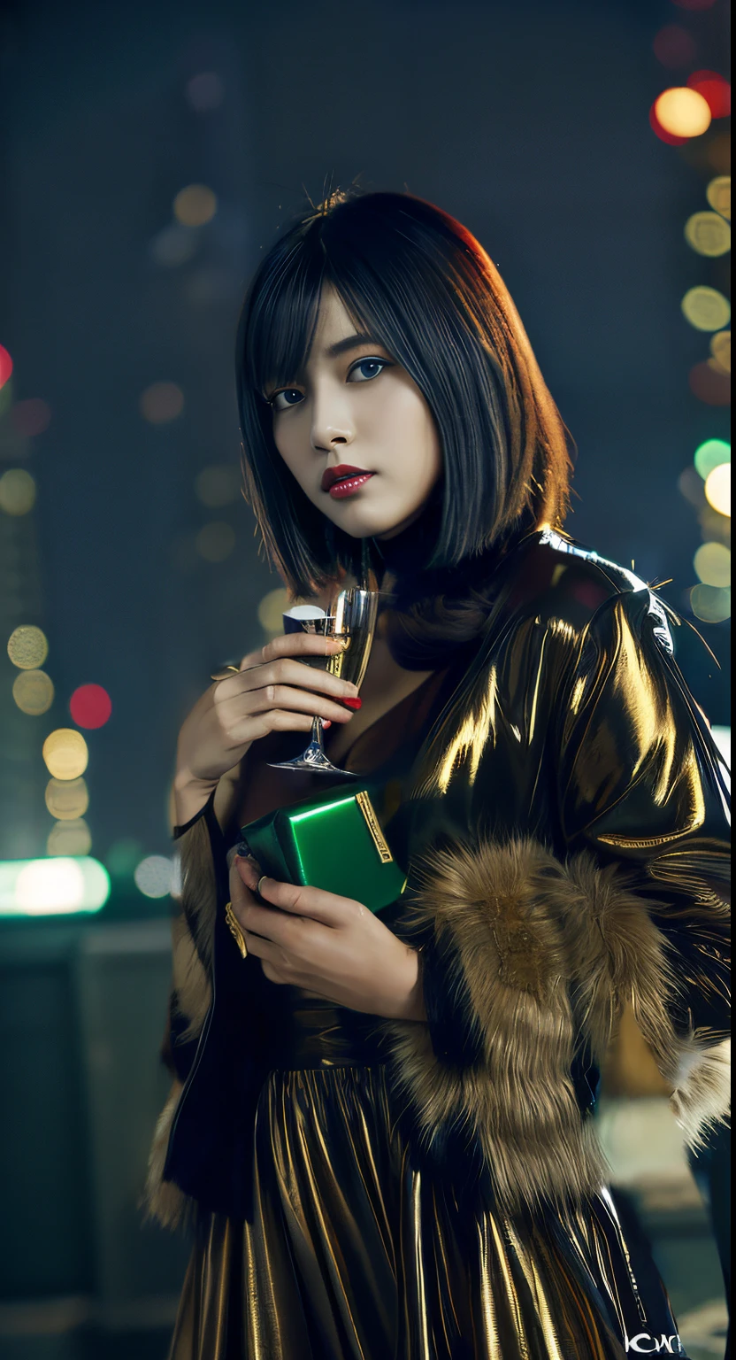 Champagne gold dress、rabbit fur coat、Diamond Necklace、Clutch back