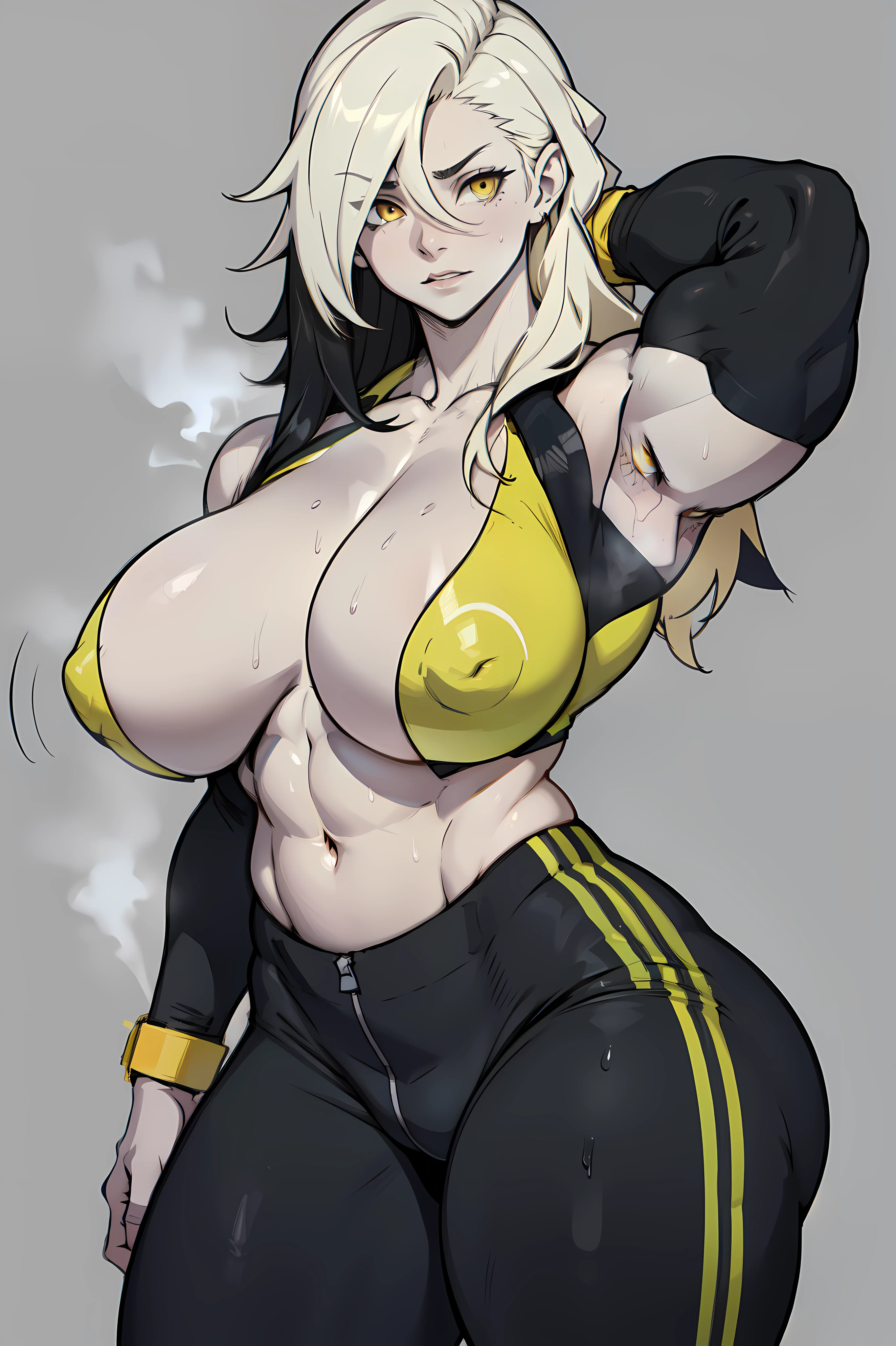 girl (1girl muscular grey background pale skin bodybuilder) toned body huge breasts thin waist black hair yellow eyes straight hair sweaty hair between eyes skintight