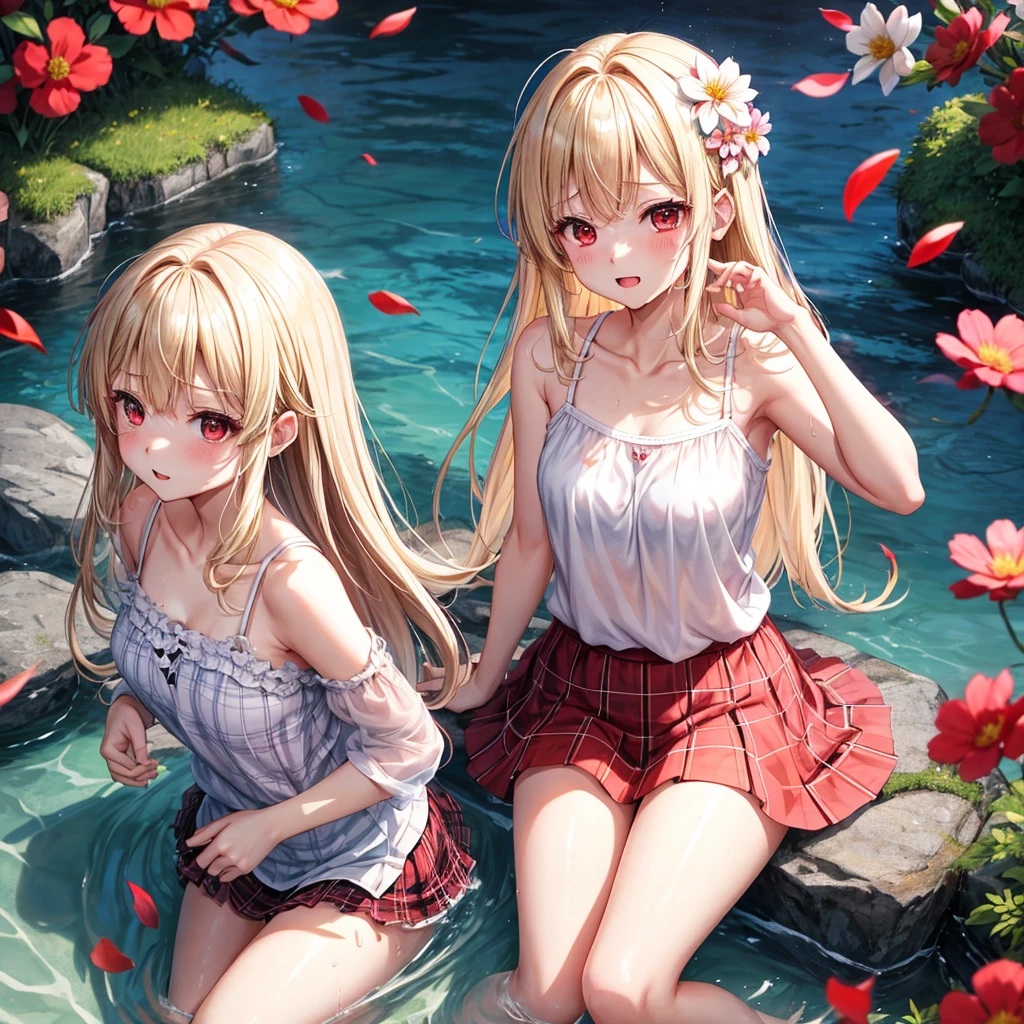 a blond、red eyes、100 pretty girls、animesque、lightly dressed、Plaid miniskirt、flower petals、bare-legged、wetting hair、sullenness、Camisole-wearing、rainbows、Kick the water