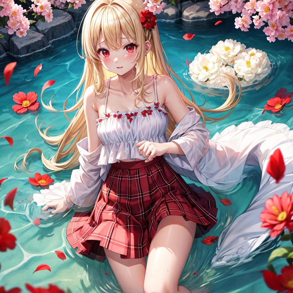 a blond、red eyes、100 pretty girls、animesque、lightly dressed、Plaid miniskirt、flower petals、bare-legged、wetting hair、sullenness、Camisole-wearing、rainbows、Kick the water