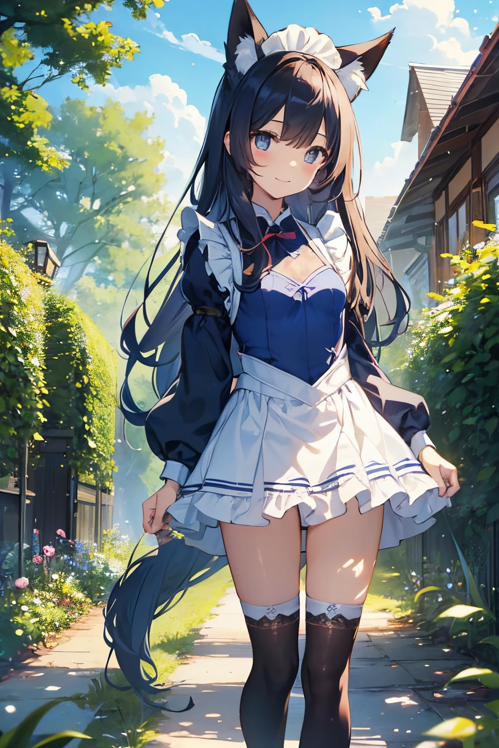 Beautiful illustration、top-quality、cute it girl、(transform sequence)、((blue maid style leotard))、10y old、elementr beautiful girl、Fractal Art、baby-face、((stright long ))、beul detailed eyes、A smile、Full Body Display、Western-style garden、(1 persons)、long-sleeve、landscaped gardens、(knee high socks)、is standing、(highleg)、Fox ears、