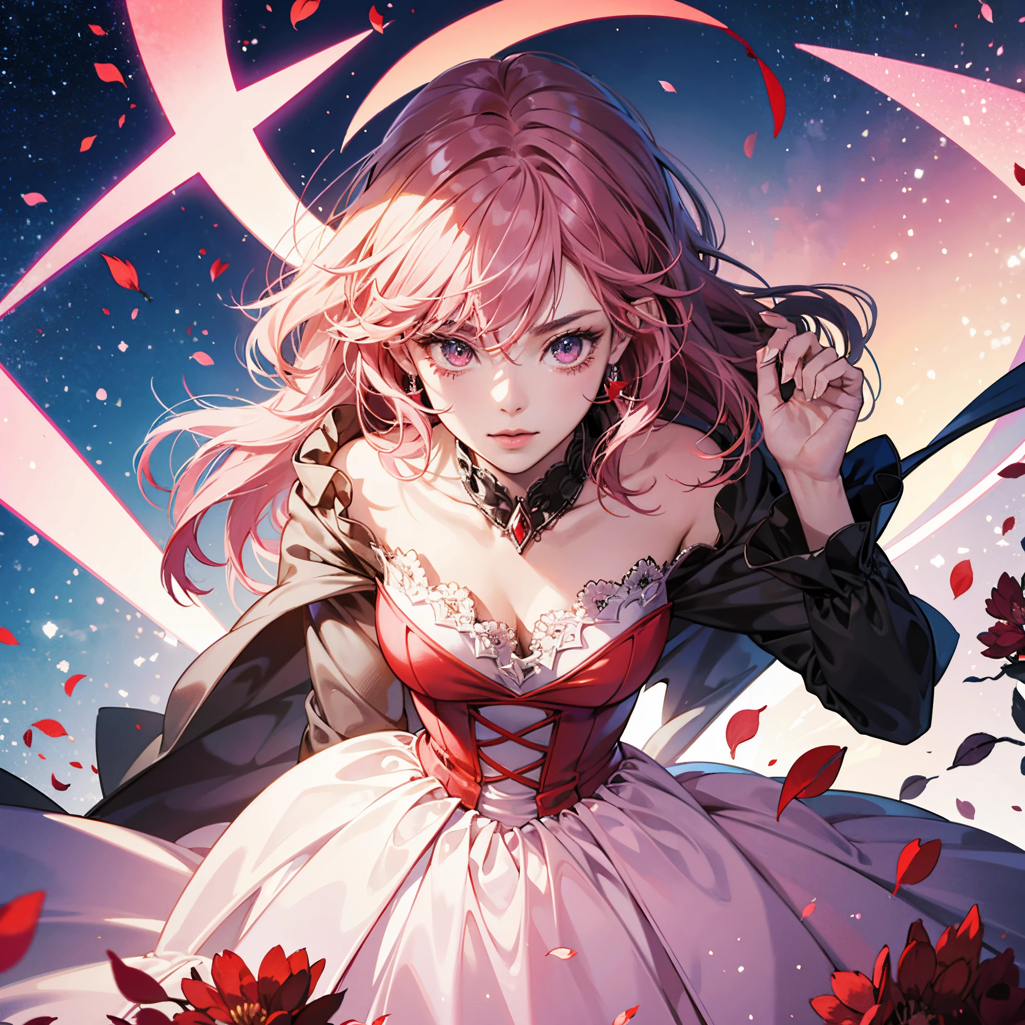 ((Top  Quality)), ((Masterpieces)) villainess dress, rays, lens flares, Red petals, mana, Pink hair,
