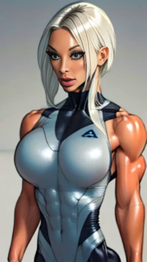 Drawing of platinum blonde katopunk female fitness model, toned body, feminine, huge upper body, torso shot, wide shoulders, veins, beautiful face, full lips, slim face, high cheekbones,(best quality, highres, ultra-detailed, realistic), muscular arms, defined abs, confident expression, ((light silver gray gymsuit)), lovely gaze, light colors, dynamic lighting, artwork, blank background