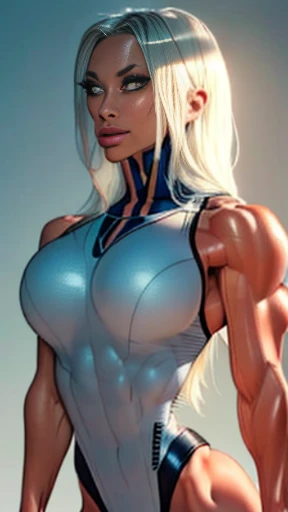 Drawing of platinum blonde katopunk female fitness model, toned body, feminine, huge upper body, torso shot, wide shoulders, veins, beautiful face, full lips, slim face, high cheekbones,(best quality, highres, ultra-detailed, realistic), muscular arms, defined abs, confident expression, ((light silver gray gymsuit)), lovely gaze, light colors, dynamic lighting, artwork, blank background