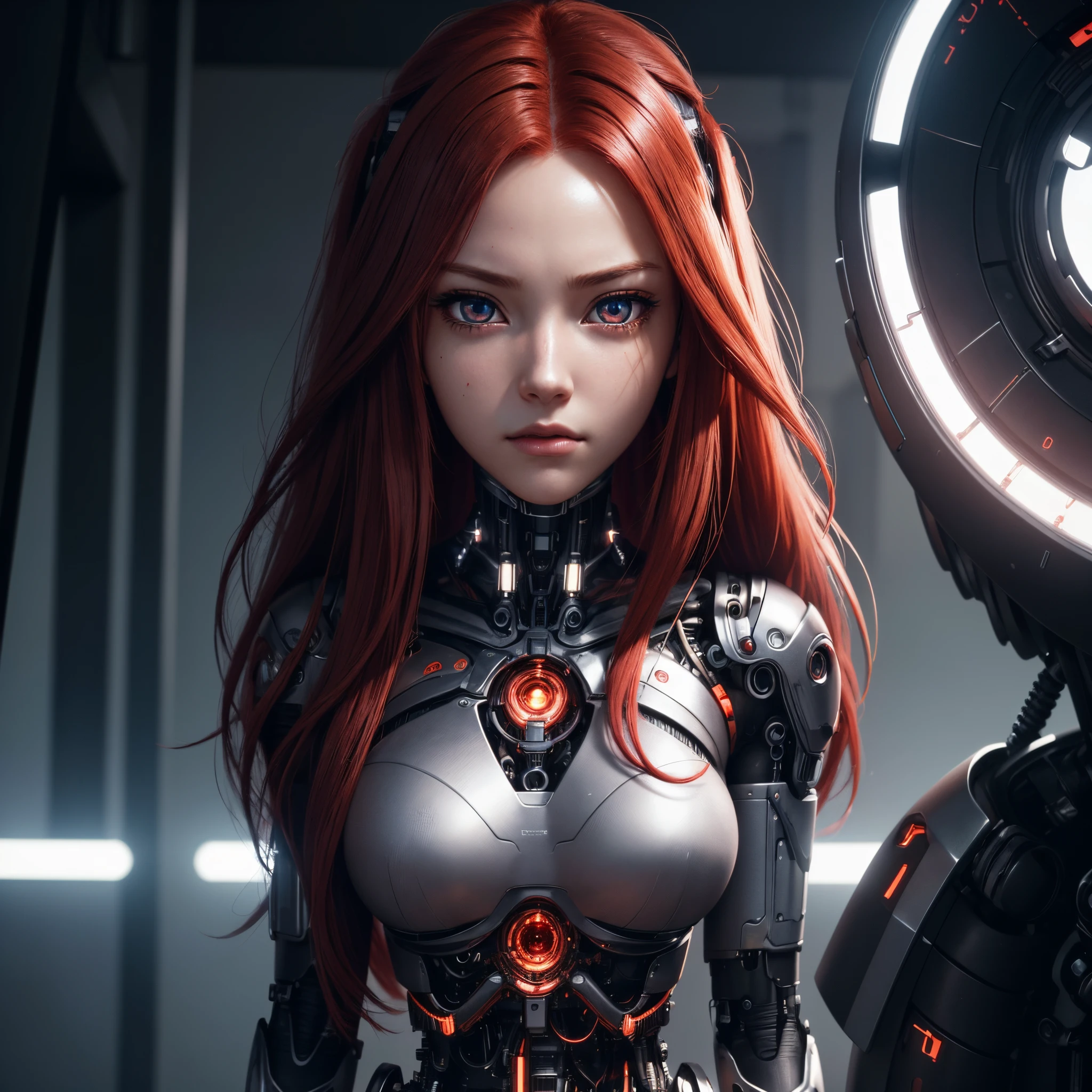 (extremely detailed CG unity 8k wallpaper), (finely detailed beautiful eyes: 1.2), (1 girl), (cyborg:1.3), (high-tech), (long crimson hair:1.2), embarrassed, (anime:1.2), Futurism, depth of field, (masterpiece:1.2), (best quality), 4K, high details