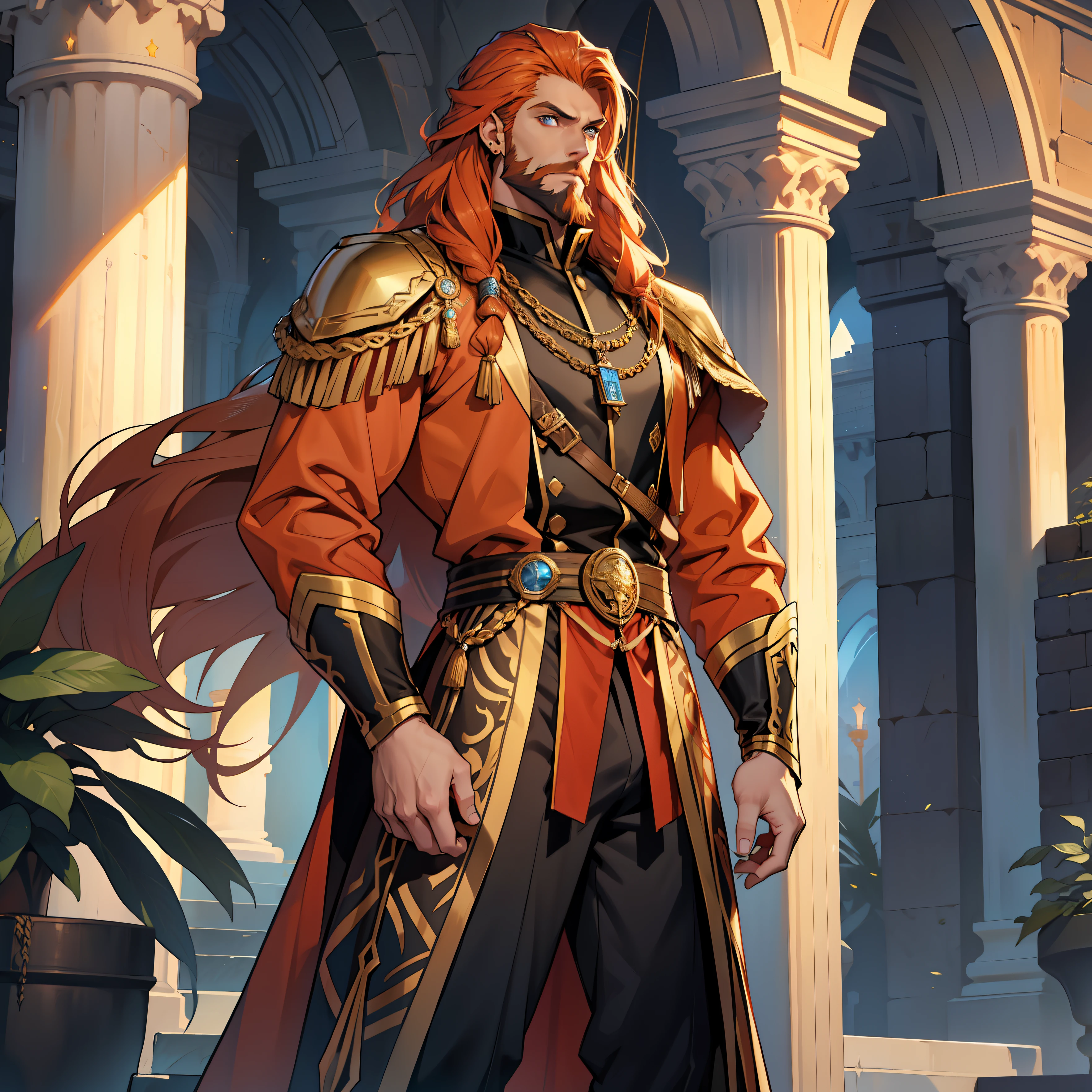 Atlantis is a tall handsome male. Standing at 7 ft 5. He is athletic built with beautifully long silky orange hair and blue eyes. He is always seen with a stern look on his face. He is clothed with the finest royal attire in gold and black. His beard matches his hair. Bara, bulge in pants