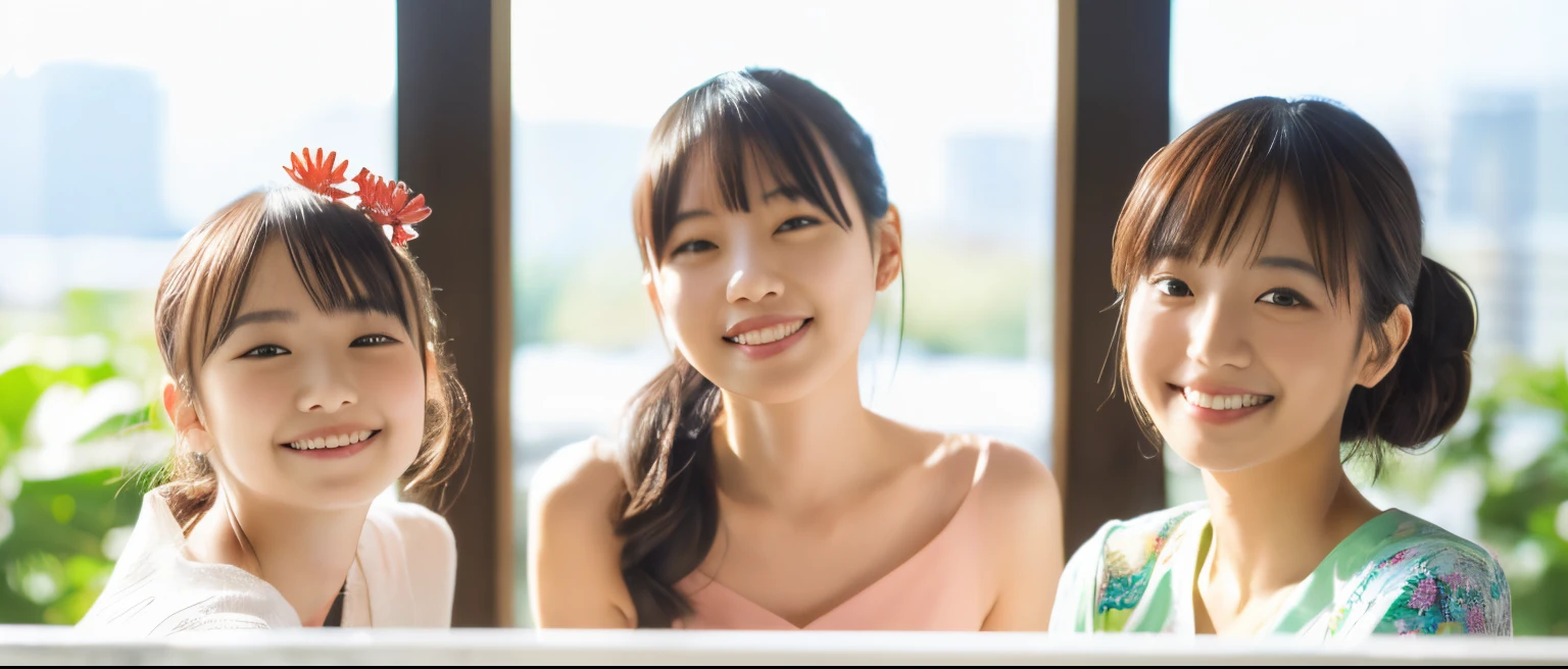 (masutepiece:1.3), (8K, Photorealistic, Raw photo, Best Quality: 1.4), Japanese, (3girls), lightsmile, Bokeh.