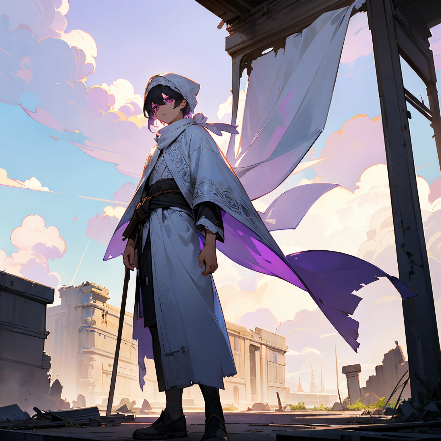 1male , White Poncho , Purple Eyes , Black Messy hair , young male , White ruins background , standing in ruined city , sunny sky , cloudy sky , perfect generation , Masterpiece , Handsome , best quality , Intricate Detail , complex pattern , Artistic , White Wrapped Turban