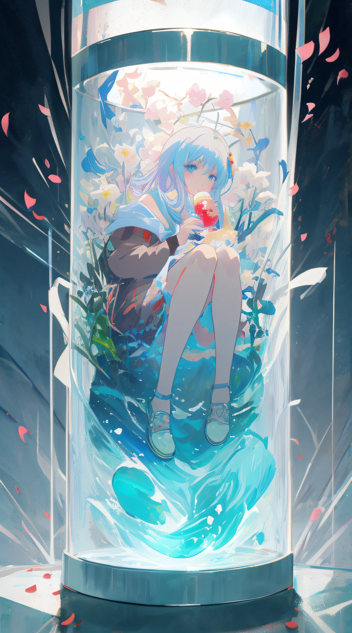 Anime girl sitting in a glass jar，There is water and petals inside, Anime art wallpaper 8 K, author：Yumi, Digital art on Pixiv, Anime art wallpaper 4k, Anime art wallpaper 4k, Popular topics on artstation pixiv, Pixiv has the highest rating, anime illustration, beautiful anime artwork, guweiz on pixiv artstation, anime wallpaper