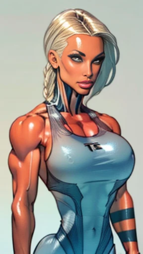 Drawing of platinum blonde katopunk female fitness model, detailed eyes, perfect eyes, toned body, feminine, huge upper body, torso shot, wide shoulders, veins, beautiful face, full lips, slim face, high cheekbones,(best quality, highres, ultra-detailed, realistic), muscular arms, defined abs, confident expression, ((light silver gray swimsuit)), lovely gaze, light colors, dynamic lighting, artwork, blank background