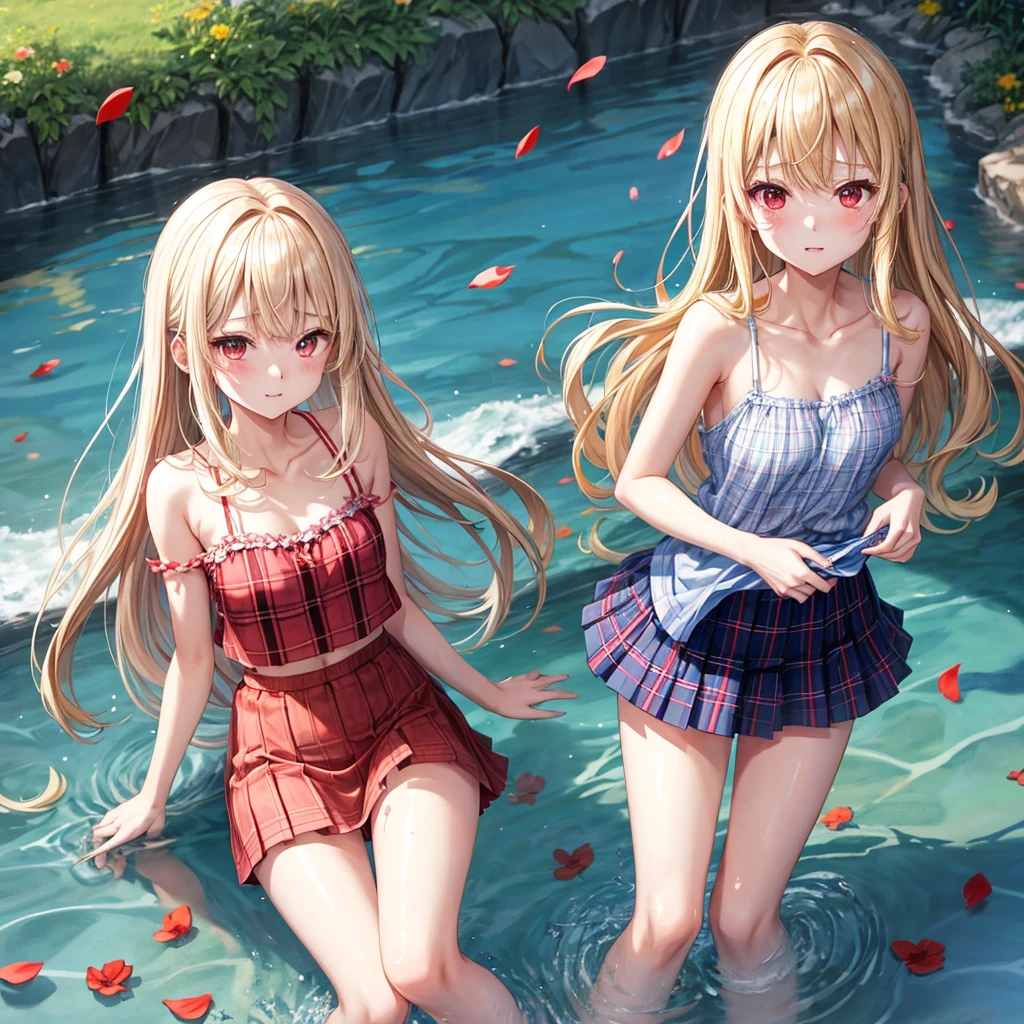 a blond、red eyes、100 pretty girls、animesque、lightly dressed、Blue plaid miniskirt、flower petals、bare-legged、wetting hair、sullenness、Camisole-wearing、rainbows、Kick the water