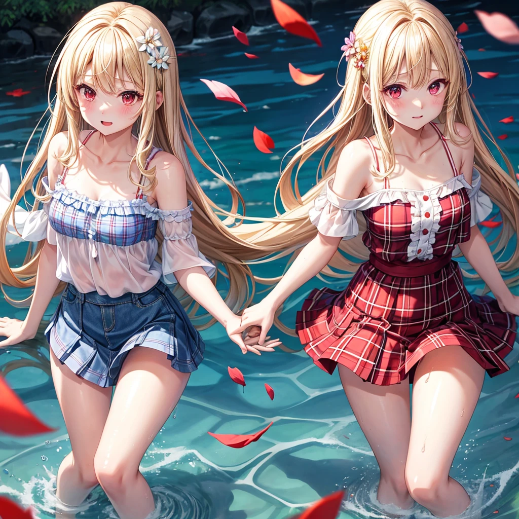 a blond、red eyes、100 pretty girls、animesque、lightly dressed、Blue plaid miniskirt、flower petals、bare-legged、wetting hair、sullenness、Camisole-wearing、rainbows、Kick the water