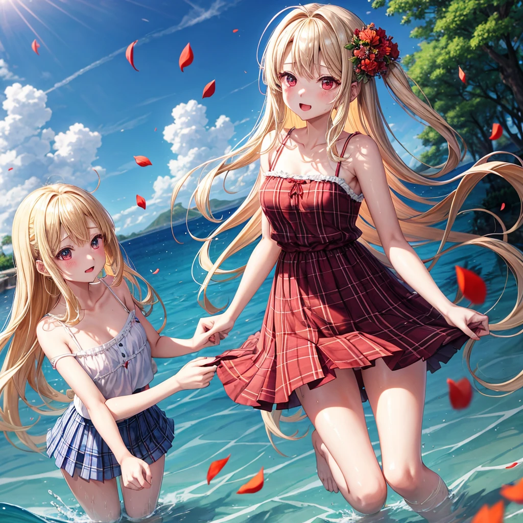 a blond、red eyes、100 pretty girls、animesque、lightly dressed、Blue plaid miniskirt、flower petals、bare-legged、wetting hair、sullenness、Camisole-wearing、rainbows、Kick the water