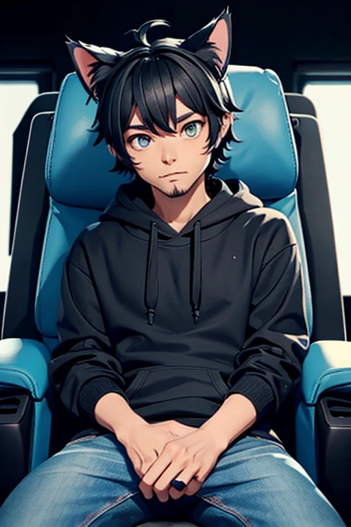 cat ears instead of regular ears, 30 years old, sitting in a gaming chair, male, wearing blue long jeans and a black hoodie, beard, black short hair