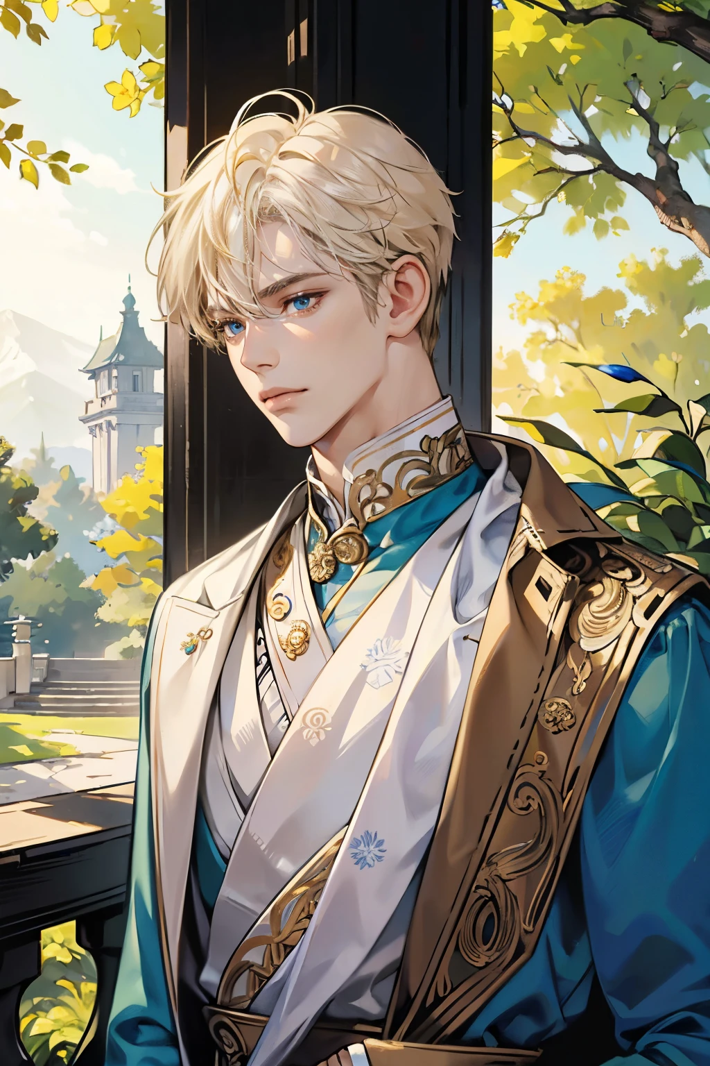 (tmasterpiece, high resolucion, ultra - detailed:1.0), (1Boy, Adult Male), The perfect male body,eyes look at the camera, (Prince:1.3), finely eye and detailed face, super detailed CG, Unity 8k wallpaper, intricated details, Solo person, Detailed face, (white royal costume, with short golden hair, Blue Eyes, sad look), plein air, sonoko, Flowers and trees, marble column, color difference, Depth of field, dramatic shadows, 光线追踪, Best Quality, portrait of a